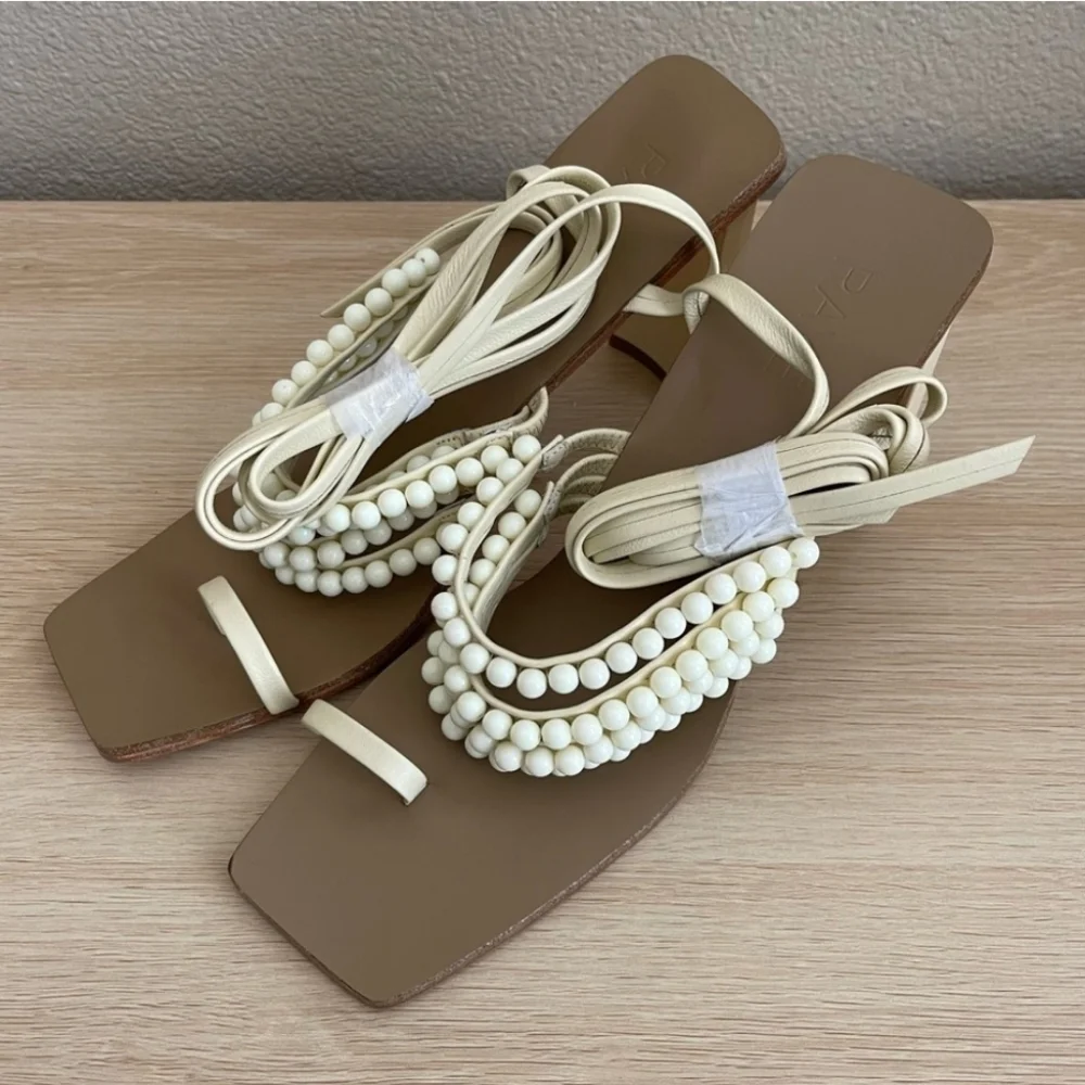 Raye Patricia Leather Ankle Wrap Beaded Heeled Sandal, 10, Ivory